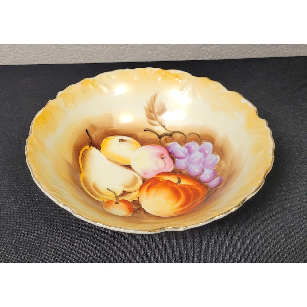 Vintage 1950s Enesco Japan Hand Painted Fruit Bowl E2363 Scalloped Gold Rim 8"